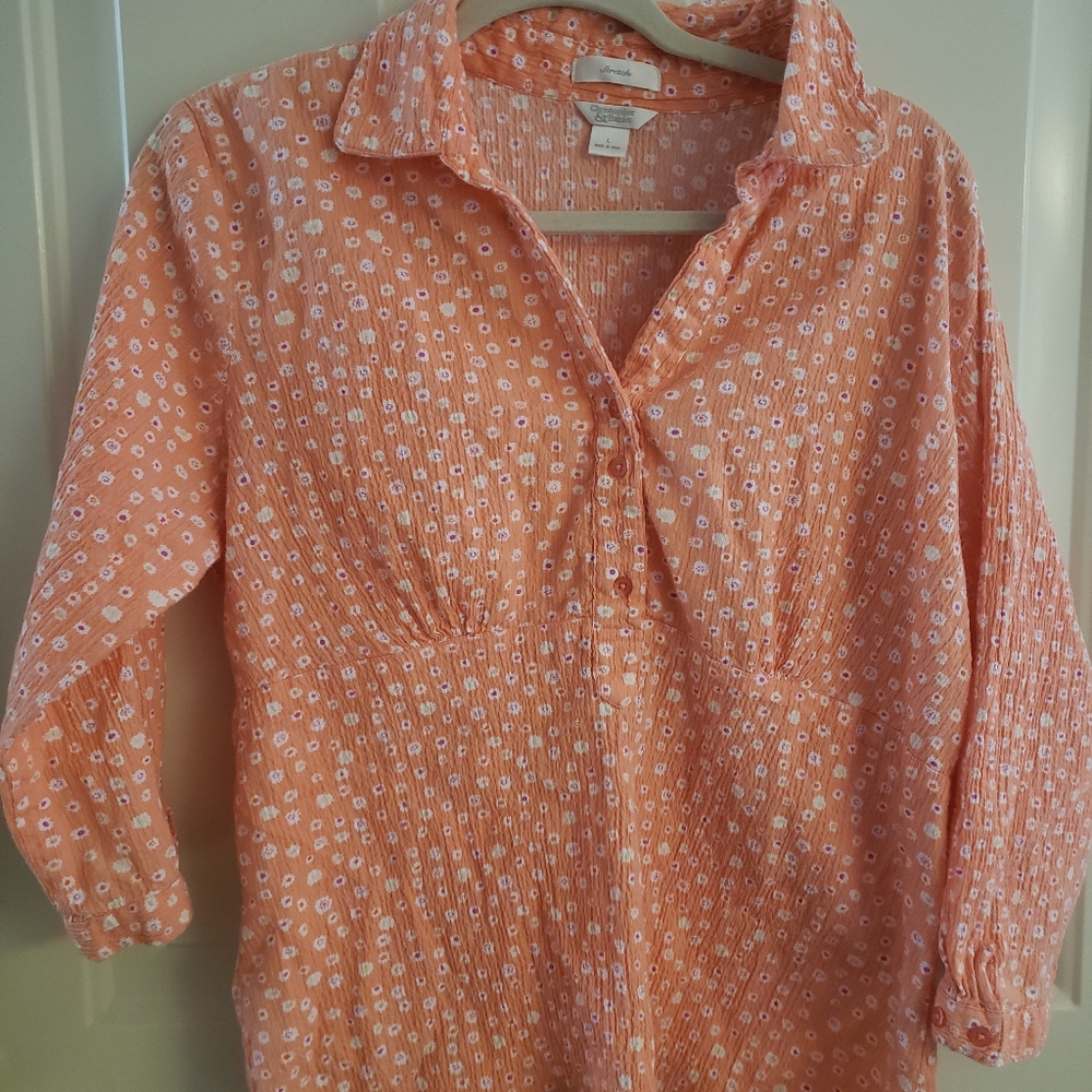 Christopher & banks stretch peach floral 3/4 sleeve shirt